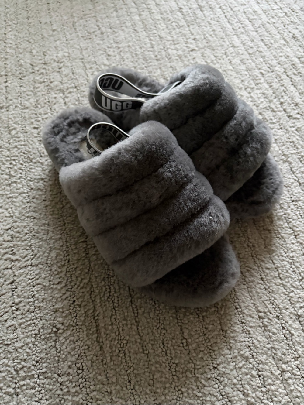 UGG Charcoal Gray Plush Slide Sandals with Logo Backstrap